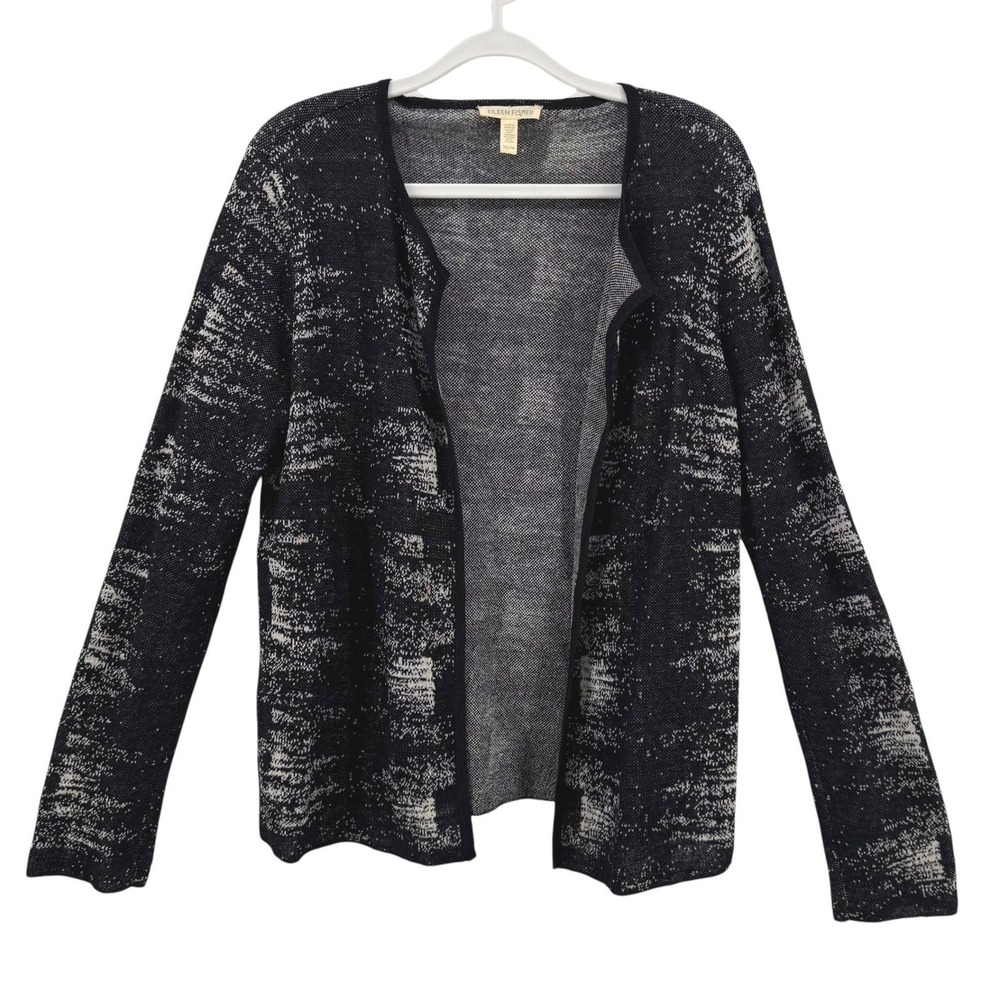 Eileen Fisher Womens XS Organic Linen Blend Abstract Knit Open Front Cardigan
